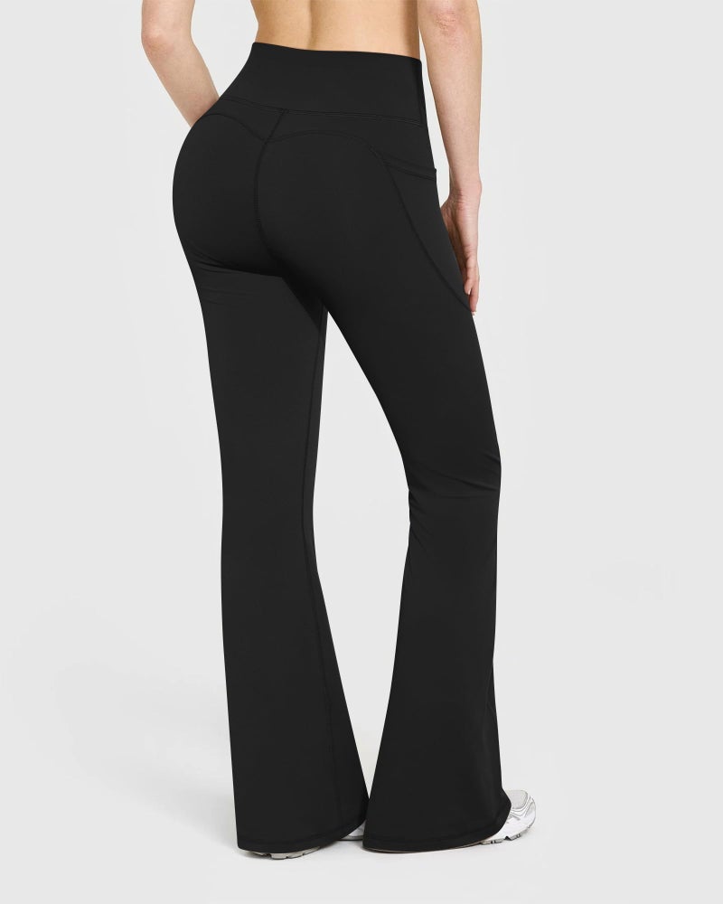 OQQ Yoga Pants Women High Waist Butt Lifting Casual Soft Leg Flared Bottoms with Pockets Black - Image 3