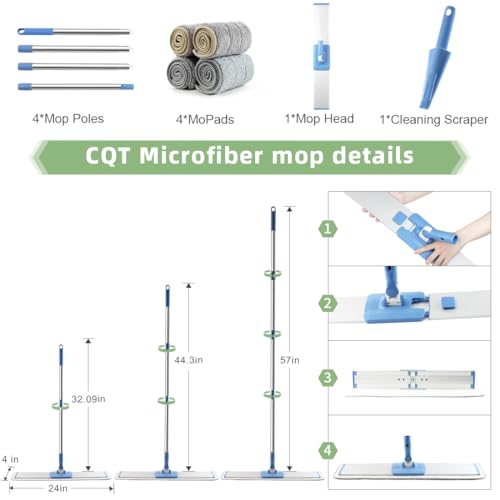 CQT Commercial Flat Microfiber Floor Mop Cleaning System 24" Inch Wet Dry and Dust Hardwood with 4 Washable Pads Cleaner for Laminate Tile Stainless Steel Handle and Extension (Blue) - Image 3