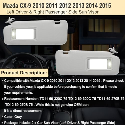 NHILES Left Driver & Right Passenger Sun Visor Compatible with Mazda CX-9 2010-2015 Sun Visor Replacement Number TD11-69-320C-75 TD12-69-320C-75 TD11-69-270B-75 TD12-69-270B-75 Color:Gray - Image 3