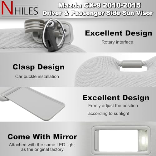 NHILES Left Driver & Right Passenger Sun Visor Compatible with Mazda CX-9 2010-2015 Sun Visor Replacement Number TD11-69-320C-75 TD12-69-320C-75 TD11-69-270B-75 TD12-69-270B-75 Color:Gray - Image 2
