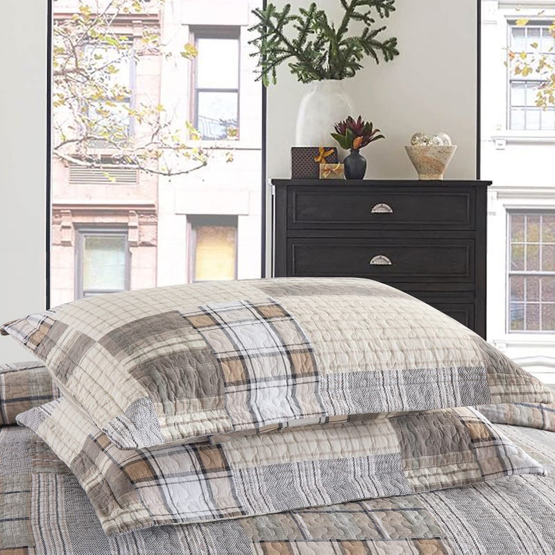 PANGUSHAN Quilts Sets Queen Size,100% Cotton Queen Quilted Bedspreads Bedding Set,Patchwork Plaid Quilt for Queen Bed,Tan/Grey Farmhouse Rustic Bed Spread,Reversible Lightweight Comforter,3-Piece - Image 4