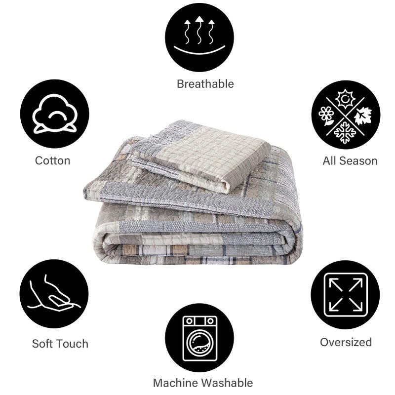 PANGUSHAN Quilts Sets Queen Size,100% Cotton Queen Quilted Bedspreads Bedding Set,Patchwork Plaid Quilt for Queen Bed,Tan/Grey Farmhouse Rustic Bed Spread,Reversible Lightweight Comforter,3-Piece - Image 5