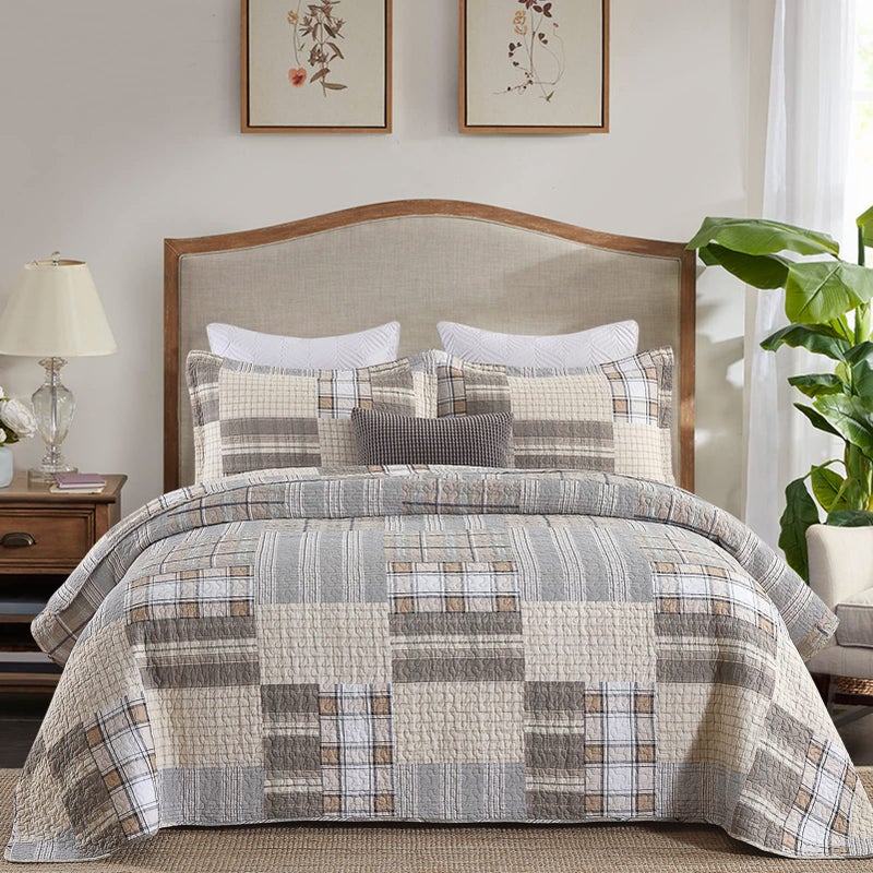 PANGUSHAN Quilts Sets Queen Size,100% Cotton Queen Quilted Bedspreads Bedding Set,Patchwork Plaid Quilt for Queen Bed,Tan/Grey Farmhouse Rustic Bed Spread,Reversible Lightweight Comforter,3-Piece - Image 1