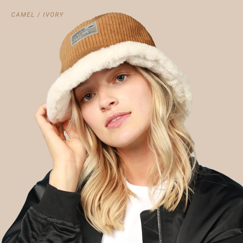 CHOK.LIDS Reversible Fur Bucket Hat Elegant Fuzzy Bucket Hat Corduroy Trendy Winter Hat Fluffy Warm Fashionable Fleece (Camel/Ivory) - Image 5