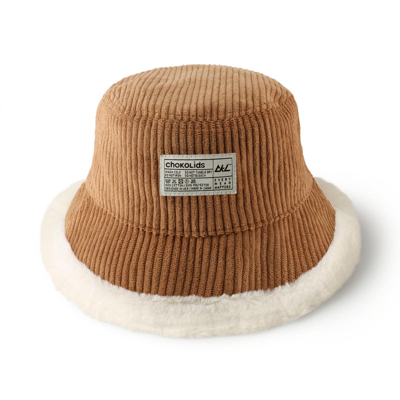 CHOK.LIDS Reversible Fur Bucket Hat Elegant Fuzzy Bucket Hat Corduroy Trendy Winter Hat Fluffy Warm Fashionable Fleece (Camel/Ivory) - Image 1