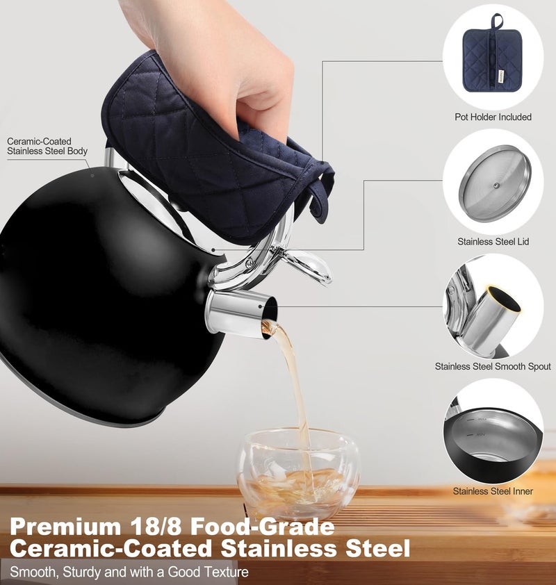BAERFO Stove Top Kettle,Whistling Tea Kettle,Premium 18/8 Food-Grade Ceramic-Coated Stainless Steel Teakettle,Vintage-Style Teapot,Includes a Hot Pad,2.64 Quart (Black) - Image 4