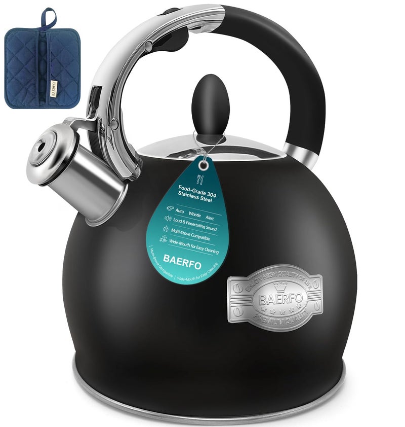 BAERFO Stove Top Kettle,Whistling Tea Kettle,Premium 18/8 Food-Grade Ceramic-Coated Stainless Steel Teakettle,Vintage-Style Teapot,Includes a Hot Pad,2.64 Quart (Black) - Image 1