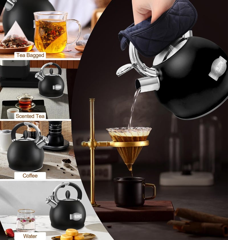 BAERFO Stove Top Kettle,Whistling Tea Kettle,Premium 18/8 Food-Grade Ceramic-Coated Stainless Steel Teakettle,Vintage-Style Teapot,Includes a Hot Pad,2.64 Quart (Black) - Image 2
