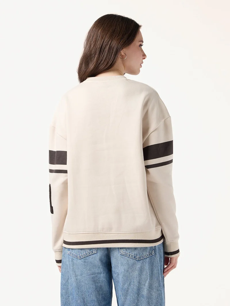 Outzidr  Cream Varsity Bold Applique Russian Fleece Sweatshirt for Women | Best Price UAE