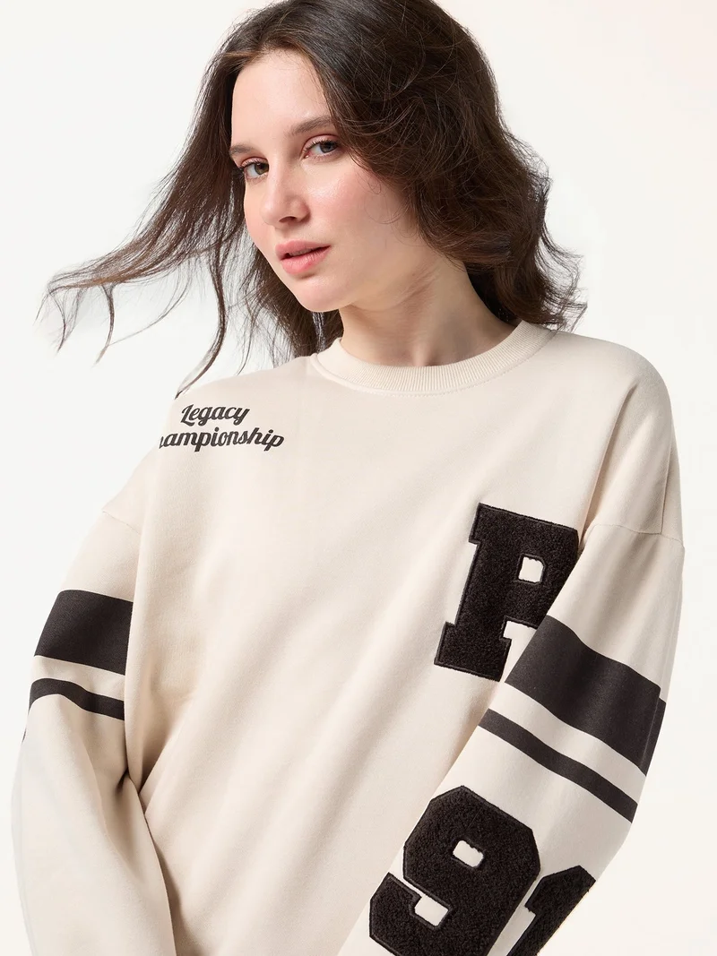 Outzidr  Cream Varsity Bold Applique Russian Fleece Sweatshirt for Women | Best Price UAE