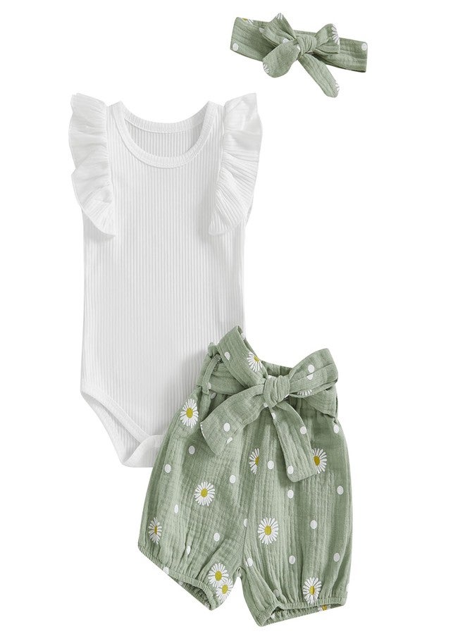 Mubineo Baby Girl Clothes Summer Outfits Cute Flower Romper Daisy Shorts Newborn Ruffle Bodysuit Outfit Sets (Green, 0-3 Months) - Image 1