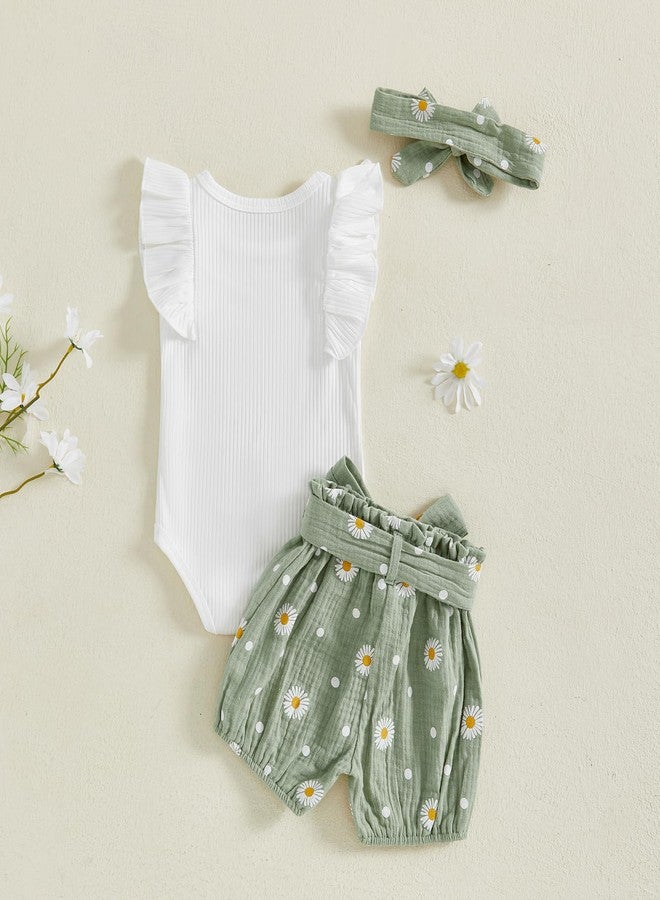 Mubineo Baby Girl Clothes Summer Outfits Cute Flower Romper Daisy Shorts Newborn Ruffle Bodysuit Outfit Sets (Green, 0-3 Months) - Image 3
