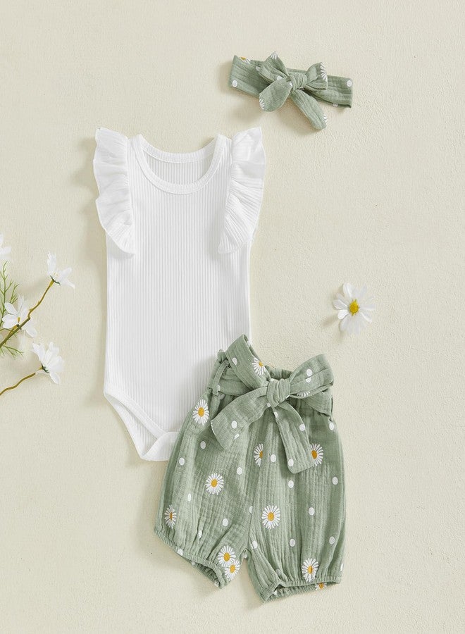 Mubineo Baby Girl Clothes Summer Outfits Cute Flower Romper Daisy Shorts Newborn Ruffle Bodysuit Outfit Sets (Green, 0-3 Months) - Image 2