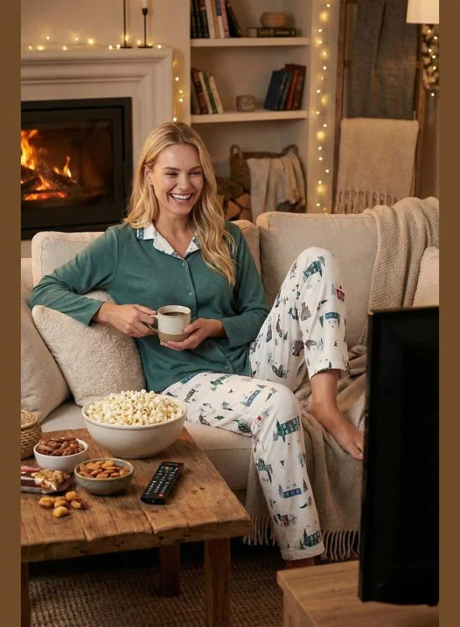 Lela Lela Patterned Regular Fit Apache Collar Elastic Waist Wide Leg Pajama Set Women's PAJAMA SET 65714300