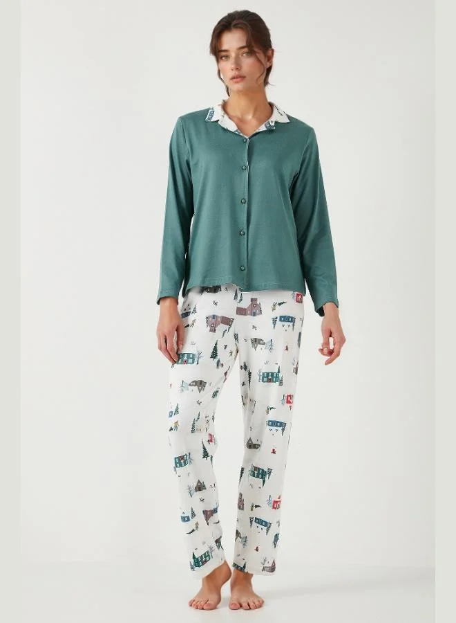 Lela Lela Patterned Regular Fit Apache Collar Elastic Waist Wide Leg Pajama Set Women's PAJAMA SET 65714300