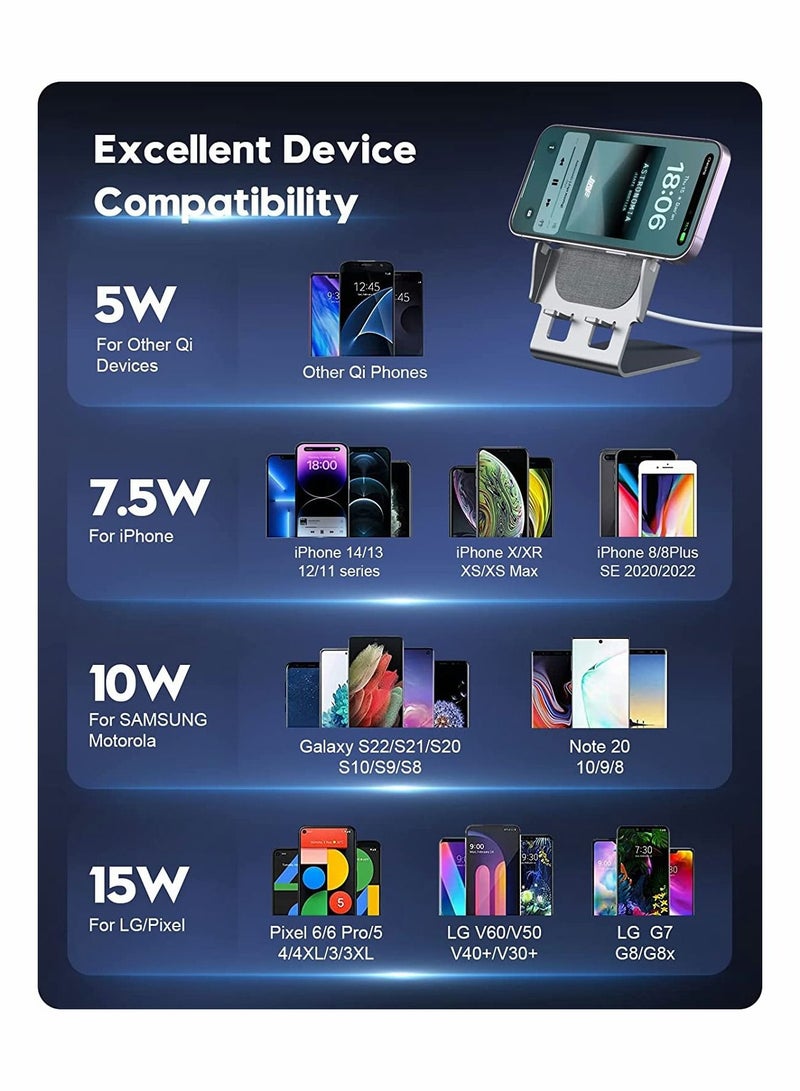 سيوسي شاحن لاسلكي 15 وات سريع الشحن اللاسلكي حامل هاتف محمول رفيع للغاية من سبائك الألومنيوم لهواتف iPhone 14/13/12/11 / X / 8 Series Samsung Motorola OnePlus Pixel - Image 5