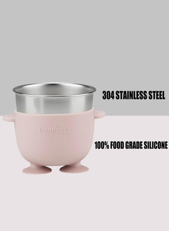 PandaEar 6-in-1 Stainless Steel Baby Feeding Set | Divided Suction Plate, Bowl, Sippy Cup with Straw, Bib, Spoon & Fork | BPA-Free Toddler Feeding Essentials for Self-Feeding, Pink - Image 4