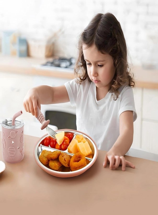 PandaEar 6-in-1 Stainless Steel Baby Feeding Set | Divided Suction Plate, Bowl, Sippy Cup with Straw, Bib, Spoon & Fork | BPA-Free Toddler Feeding Essentials for Self-Feeding, Pink - Image 2