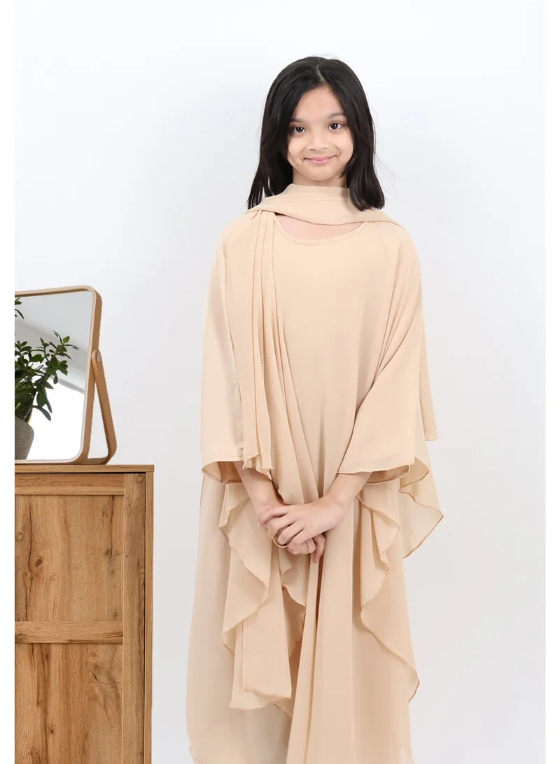 جميلة طقم عباية حصة بلون بيج ناعم ٢ في ١ - شيفون طبقات مع فستان متصل