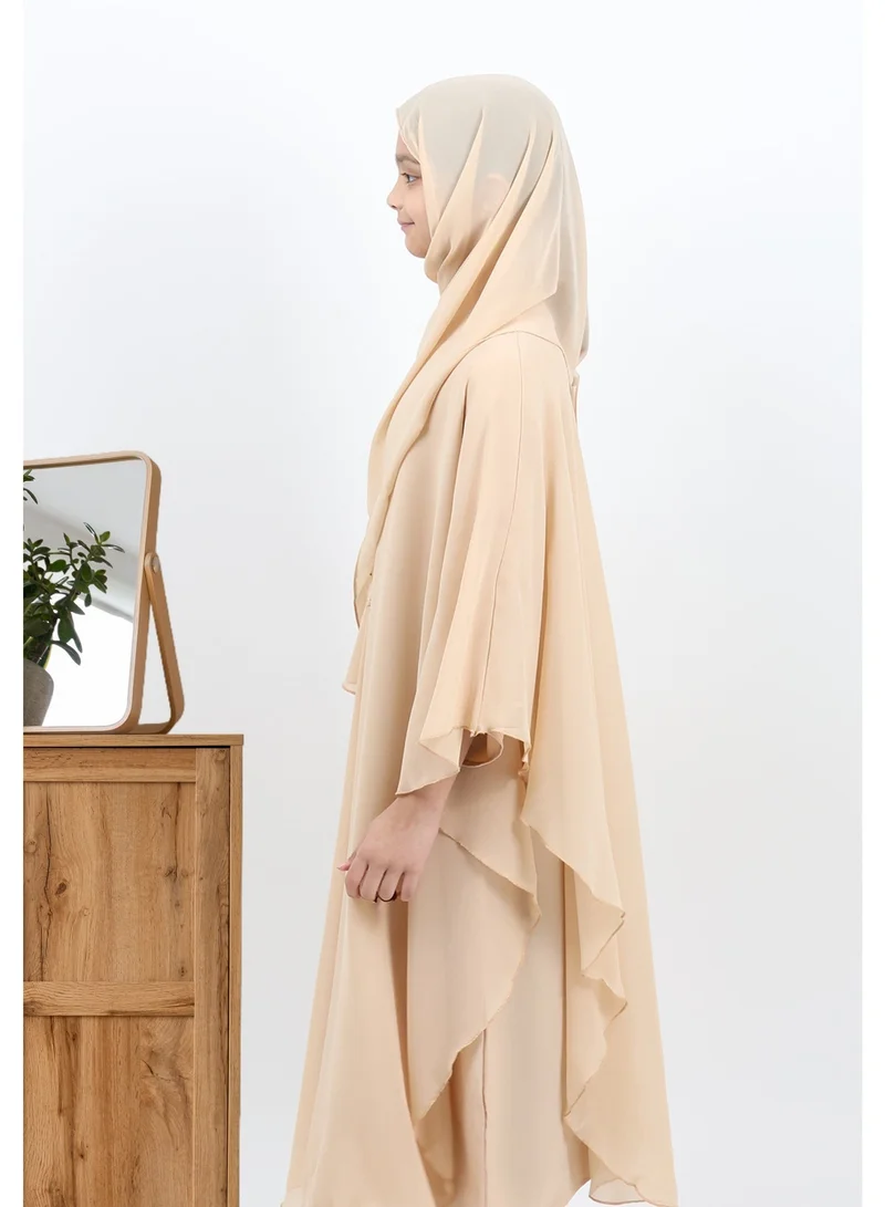 جميلة طقم عباية حصة بلون بيج ناعم ٢ في ١ - شيفون طبقات مع فستان متصل
