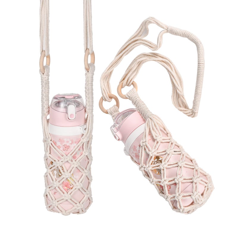 Eiyye Eiyye 2-Pieces Crochet Water bottle Bag Cotton Crochet Crossbody Water Bottle Bag, Boho Bottle Carrier Water Bottle Holder with Strap Handmade Water Bottle Holder  - Image 4
