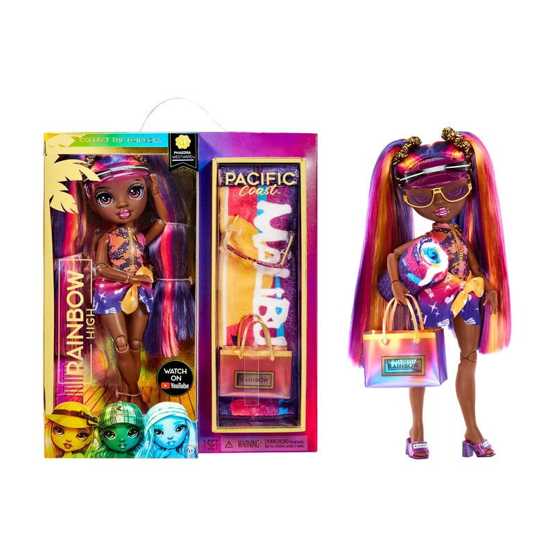 RAINBOW HIGH دمية الموضة رينبو هاي باسيفيك كوست فريدرا ويستوارد - غروب الشمس (بنفسجي) مع 2 أزياء مصممة، مجموعة ملحقات المسبح، أرجل قابلة للتبديل - Image 1