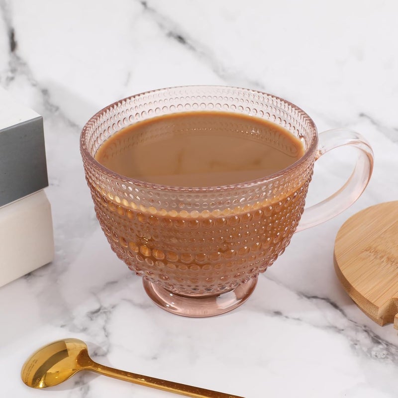 MAKERSLAND Pink Vintage Latte Mugs Set of 2 16oz Large Pink Glass Embossed Coffee Mug Latte Tea Cup with Bamboo Lid and Spoons Insulated Tea Cups Iced Water Ribbed Glasses Breakfast Cup Set Gift for Family - Image 3