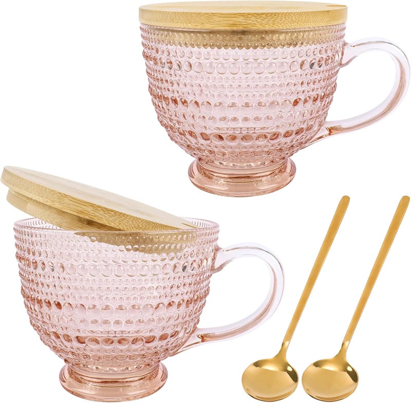 MAKERSLAND Pink Vintage Latte Mugs Set of 2 16oz Large Pink Glass Embossed Coffee Mug Latte Tea Cup with Bamboo Lid and Spoons Insulated Tea Cups Iced Water Ribbed Glasses Breakfast Cup Set Gift for Family - Image 1