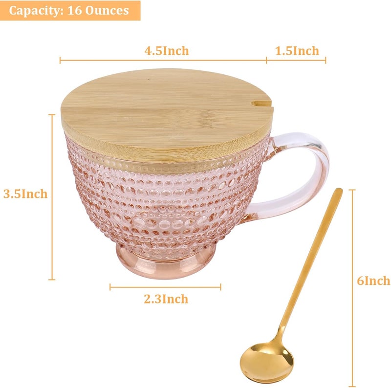 MAKERSLAND Pink Vintage Latte Mugs Set of 2 16oz Large Pink Glass Embossed Coffee Mug Latte Tea Cup with Bamboo Lid and Spoons Insulated Tea Cups Iced Water Ribbed Glasses Breakfast Cup Set Gift for Family - Image 5