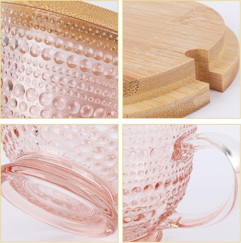 MAKERSLAND Pink Vintage Latte Mugs Set of 2 16oz Large Pink Glass Embossed Coffee Mug Latte Tea Cup with Bamboo Lid and Spoons Insulated Tea Cups Iced Water Ribbed Glasses Breakfast Cup Set Gift for Family - Image 4