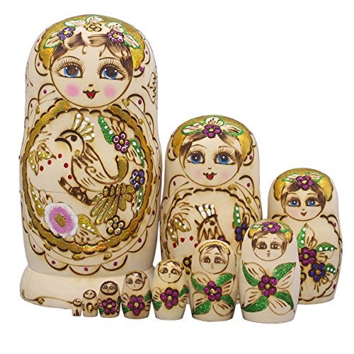 Moonmo 10pcs Golden Flower Fairy with Bird Handmade Wooden Russian Nesting Dolls Matryoshka Wooden Toys - Image 1