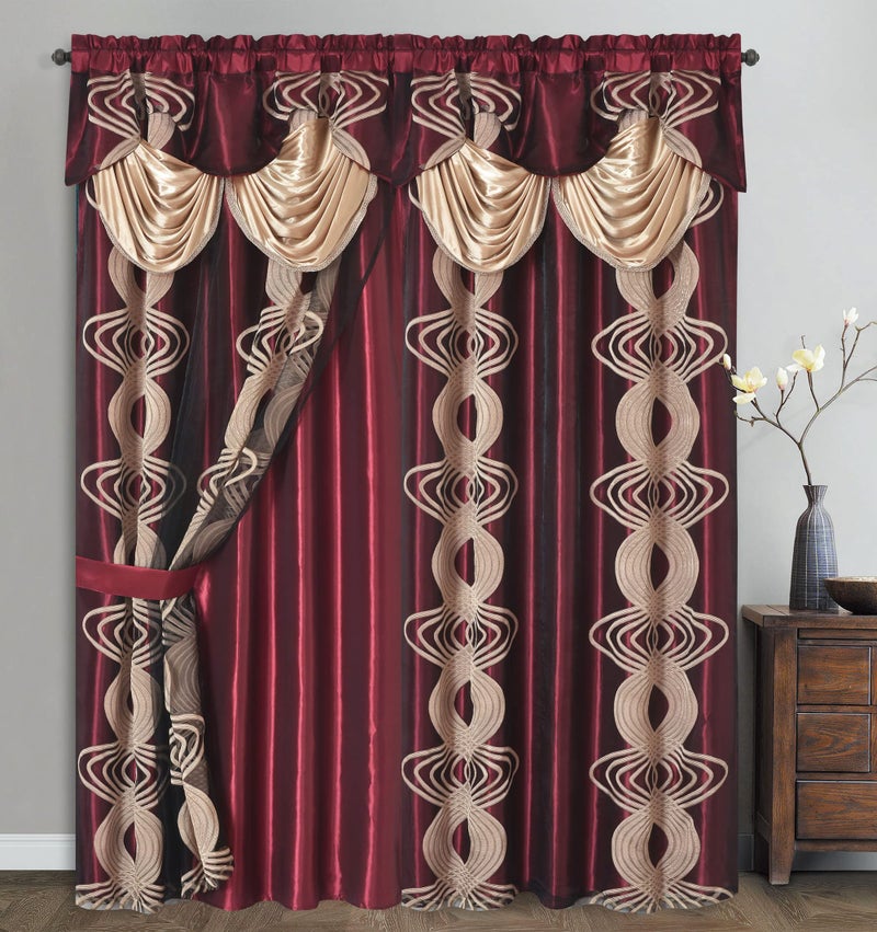 GOHD Golden Ocean Home Decor GOHD Spinning Singer Clipped Voile Voile Jacquard Window Curtain with Attached Fancy Valance and Taffeta Backing 2pcs Set Each pc 54 inch Wide x 90 inch Drop  18 inch Valance Burgundy