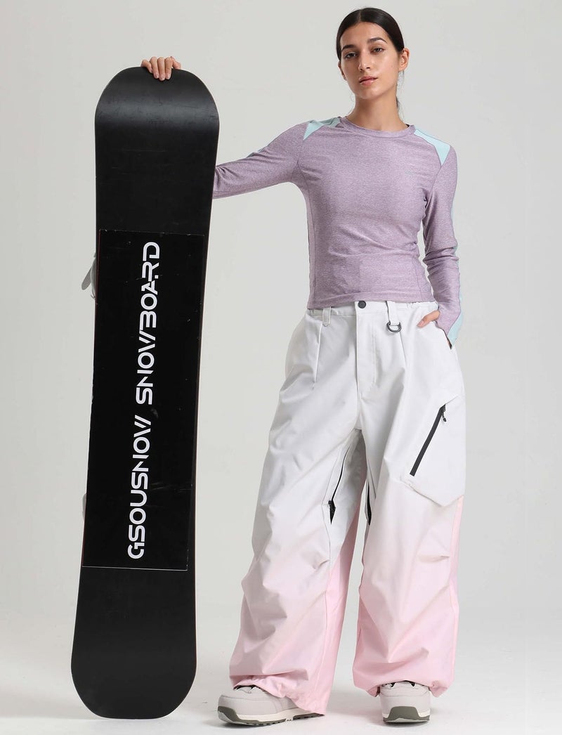 GSOU SNOW Mens Baggy Snowboard Pants Womens Snow Pants Loose Waterproof Ski Pants for Skiing White Pink - Image 4