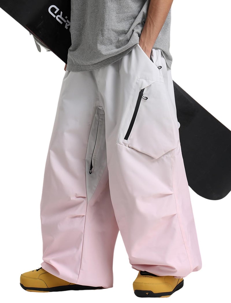 GSOU SNOW Mens Baggy Snowboard Pants Womens Snow Pants Loose Waterproof Ski Pants for Skiing White Pink - Image 1