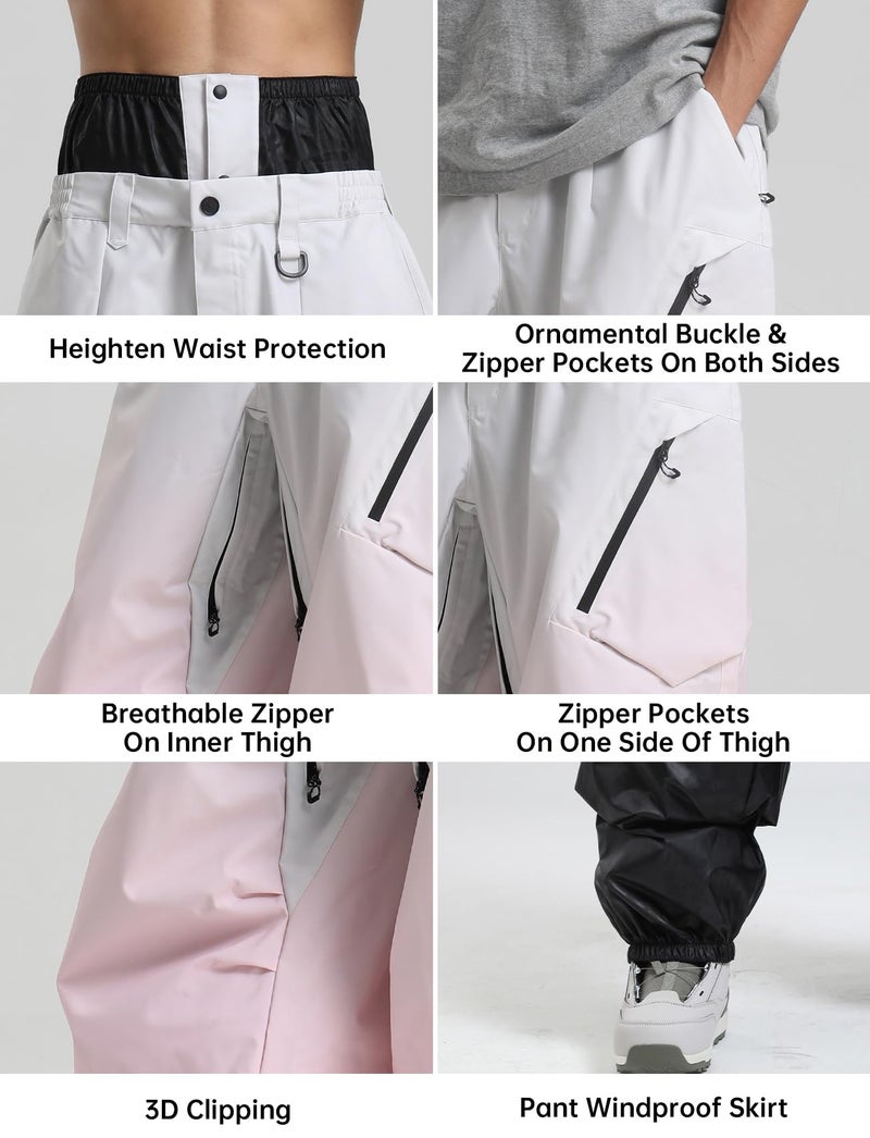 GSOU SNOW Mens Baggy Snowboard Pants Womens Snow Pants Loose Waterproof Ski Pants for Skiing White Pink - Image 5