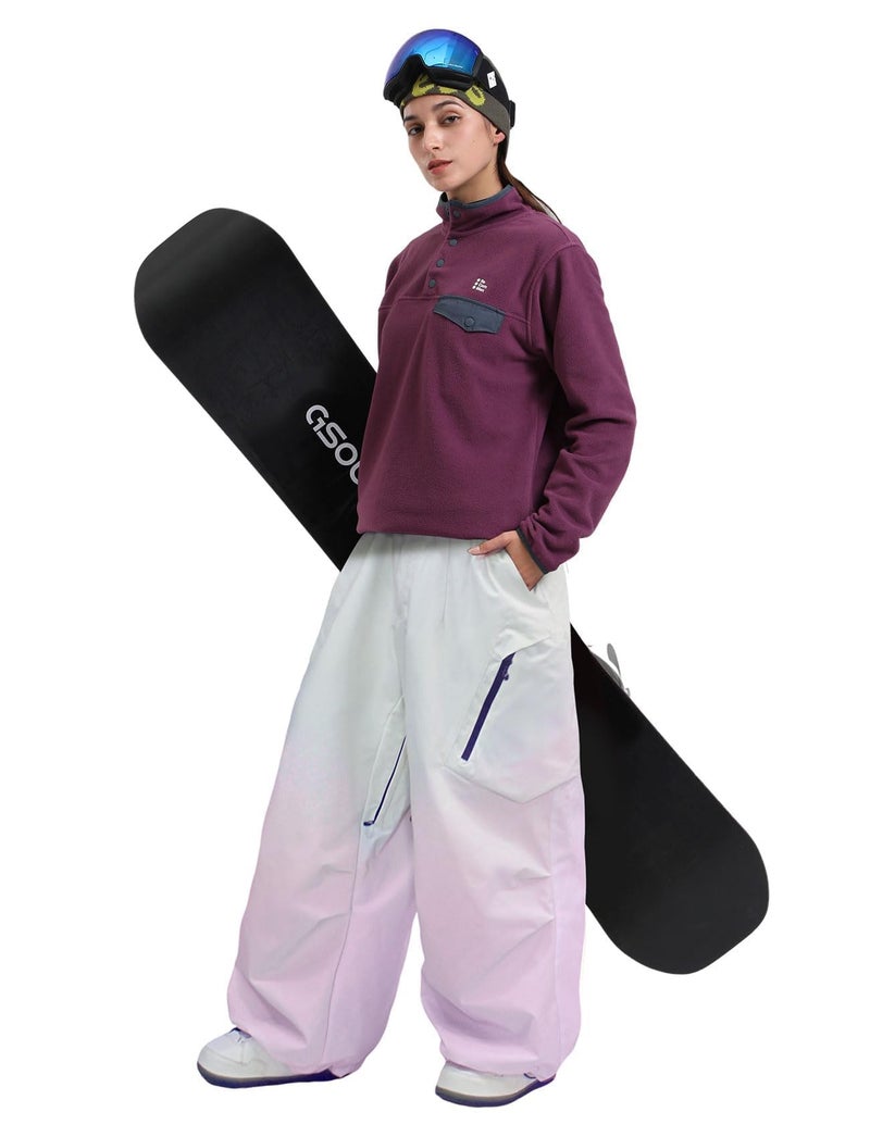 GSOU SNOW Mens Baggy Snowboard Pants Womens Snow Pants Loose Waterproof Ski Pants for Skiing White Pink - Image 2
