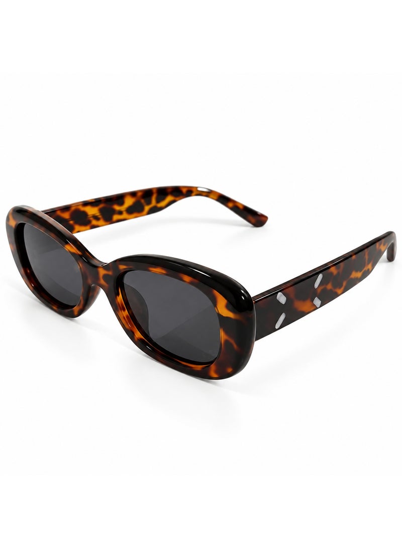 Oval-Rectangular Sunglasses with Brown Amber Tortoiseshell Frame and Dark Smoke Lenses - Image 1