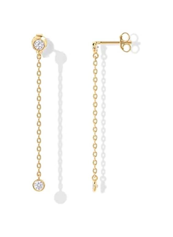 PAVOI 14K Gold Plated Sterling Silver Posts Station Linear Dangle Earrings for Women | Simulated Diamond Chain Drop Earrings - Image 1