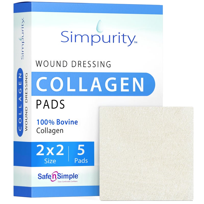 Simpurity Collagen Dressing Pads - 2" x 2" 5 Count Collagen Pads for Wounds - Non-Adherent Collagen Dressing for Wound Care - Safe n' Simple Wound Care Supplies - Image 1