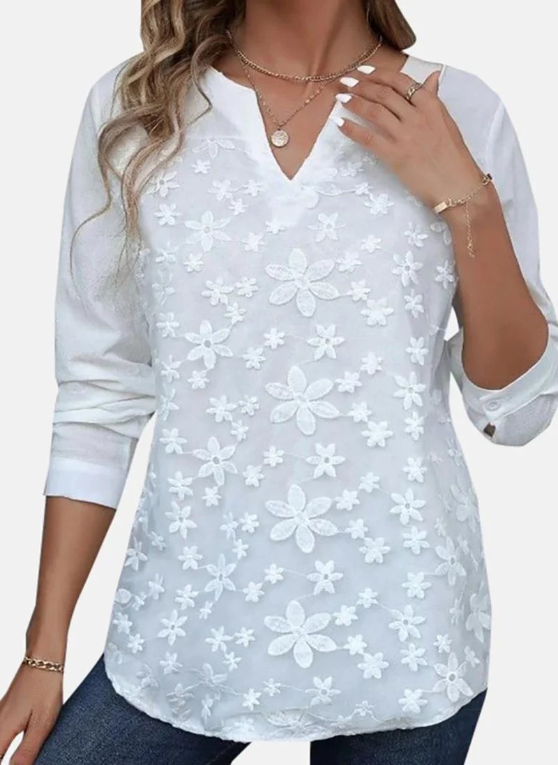 YUNIQEE White Casual V-Neck Long Sleeves Tops