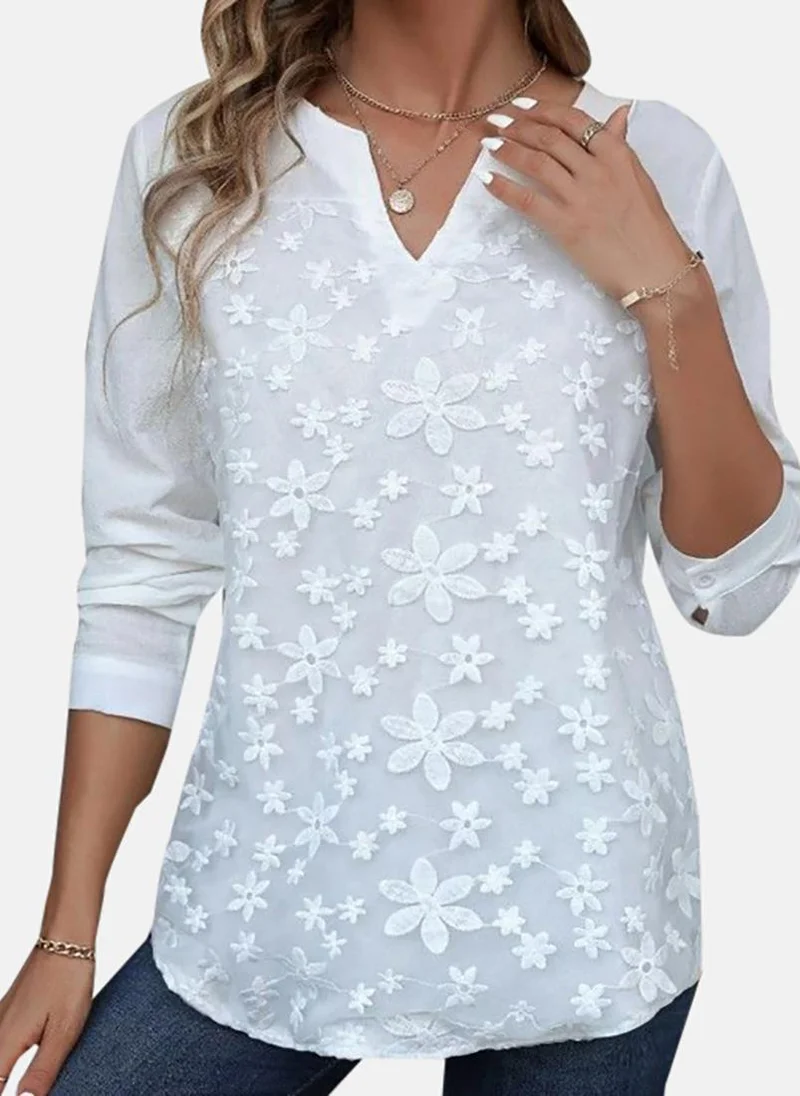 يونيكي White Casual V-Neck Long Sleeves Tops