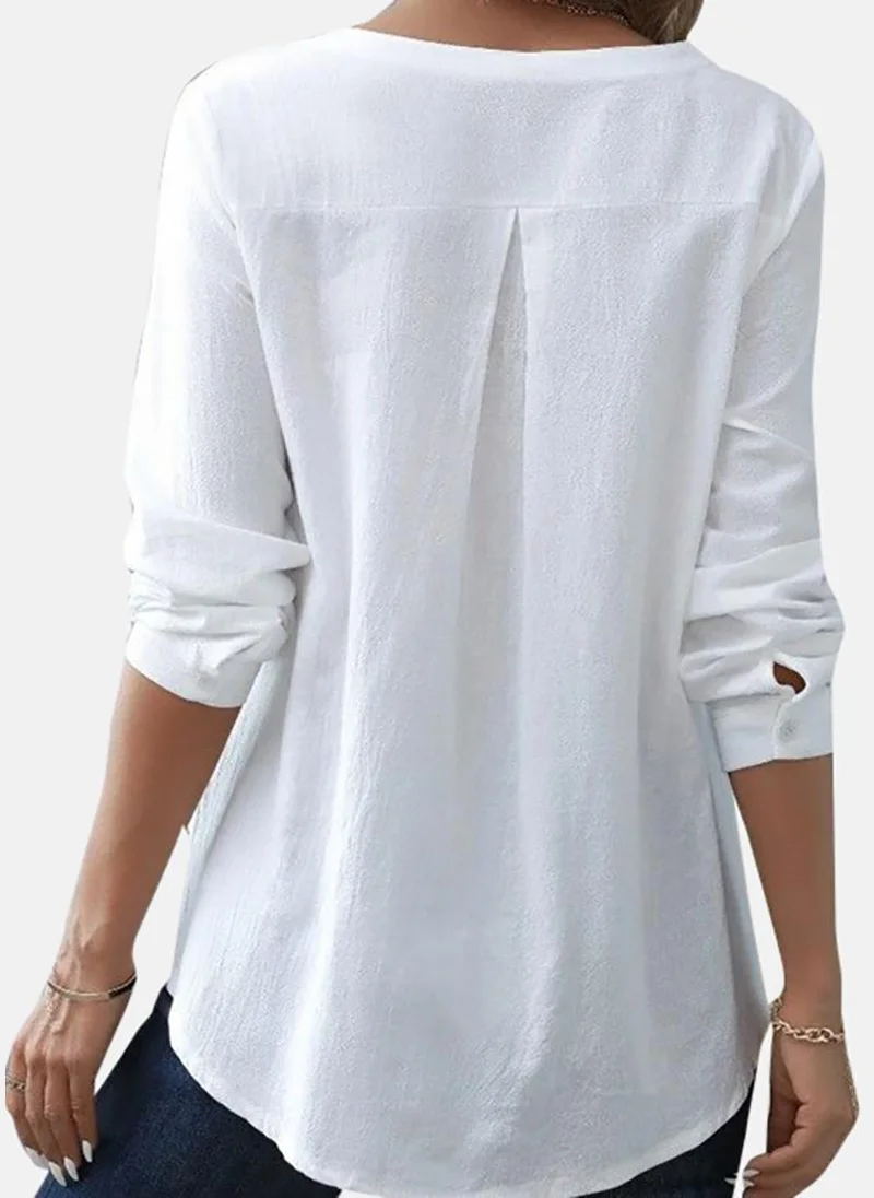 يونيكي White Casual V-Neck Long Sleeves Tops