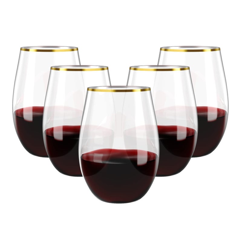 FOCUSLINE 20pcs 16 Oz Plastic Wine Glasses Stemless Gold Rim Heavy Duty Disposable Drinking Cups Reusable Shatterproof for Party Wedding