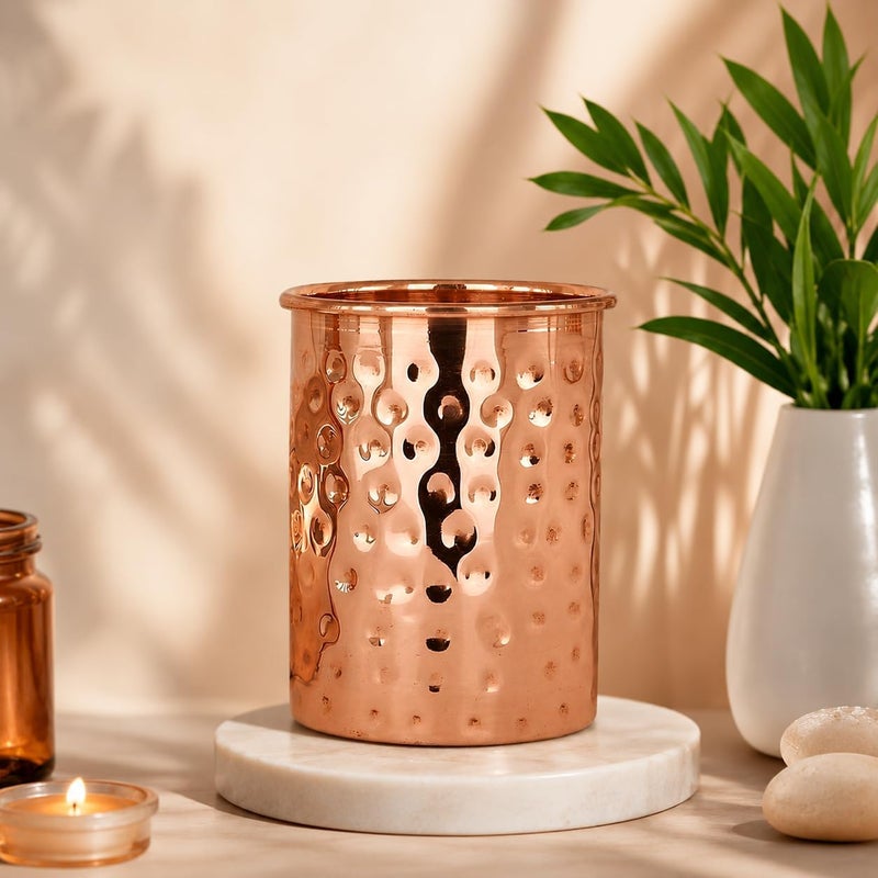 Adoko 100% Pure Copper Hammered Design Tumbler with Ayurvedic Health Benefits | 300ml, 1Pc | Drinking Serving Water Copper Utensils Glass - Image 1