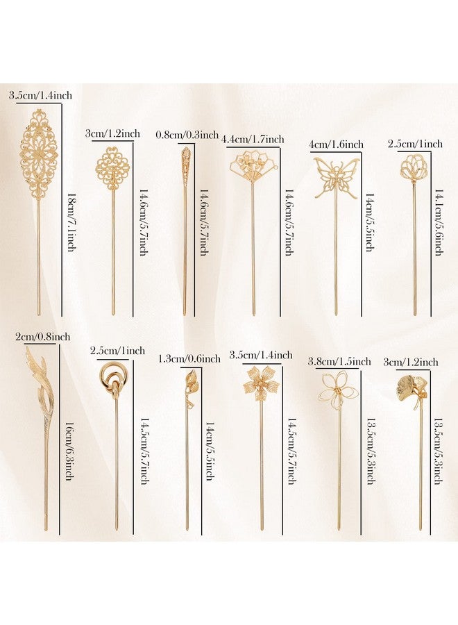 Cinaci Cinaci 12 Pack Gold Decorative Chinese Vintage Butterlfy Flower Metal Hair Sticks Chopsticks Retro Hair Pins Forks Hairpins Hair Bun Updo Holders Long Thick Hair Accessories for Women Girls - Image 5