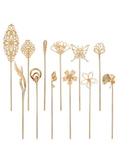 Cinaci Cinaci 12 Pack Gold Decorative Chinese Vintage Butterlfy Flower Metal Hair Sticks Chopsticks Retro Hair Pins Forks Hairpins Hair Bun Updo Holders Long Thick Hair Accessories for Women Girls  - Image 1