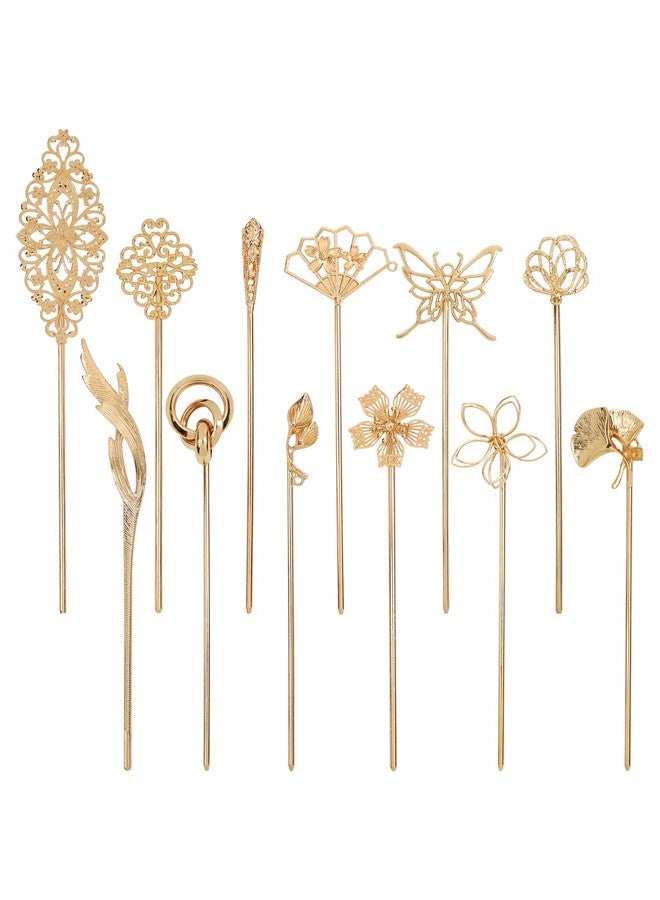 Cinaci Cinaci 12 Pack Gold Decorative Chinese Vintage Butterlfy Flower Metal Hair Sticks Chopsticks Retro Hair Pins Forks Hairpins Hair Bun Updo Holders Long Thick Hair Accessories for Women Girls - Image 1