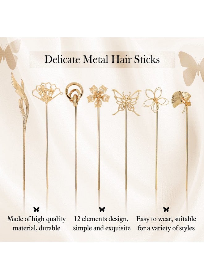 Cinaci Cinaci 12 Pack Gold Decorative Chinese Vintage Butterlfy Flower Metal Hair Sticks Chopsticks Retro Hair Pins Forks Hairpins Hair Bun Updo Holders Long Thick Hair Accessories for Women Girls - Image 4