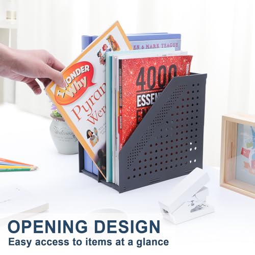FRETONBA Collapsible Magazine File Holder with 2 Vertical Compartments Foldable Binder Holder for Desk Binder Storage Organizer Plastic Magazine Holders for Shelf Dark Gray - Image 3