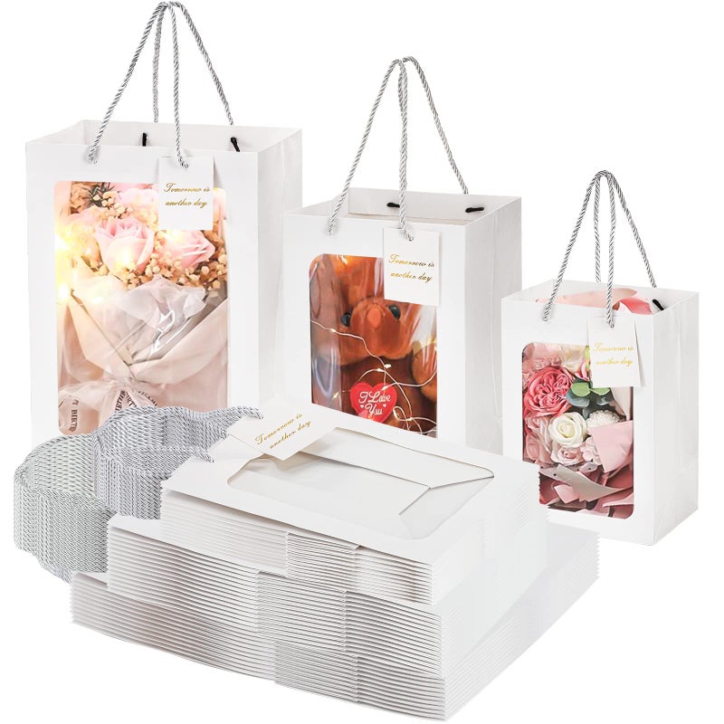 Zenfun 24 Pack White Kraft Paper Bags With Handles  Gift Shopping Bags With Transparent Window  Paper Gift Bags For Thanksgiving Christmas Birthday Wedding  Multisizes - Image 1